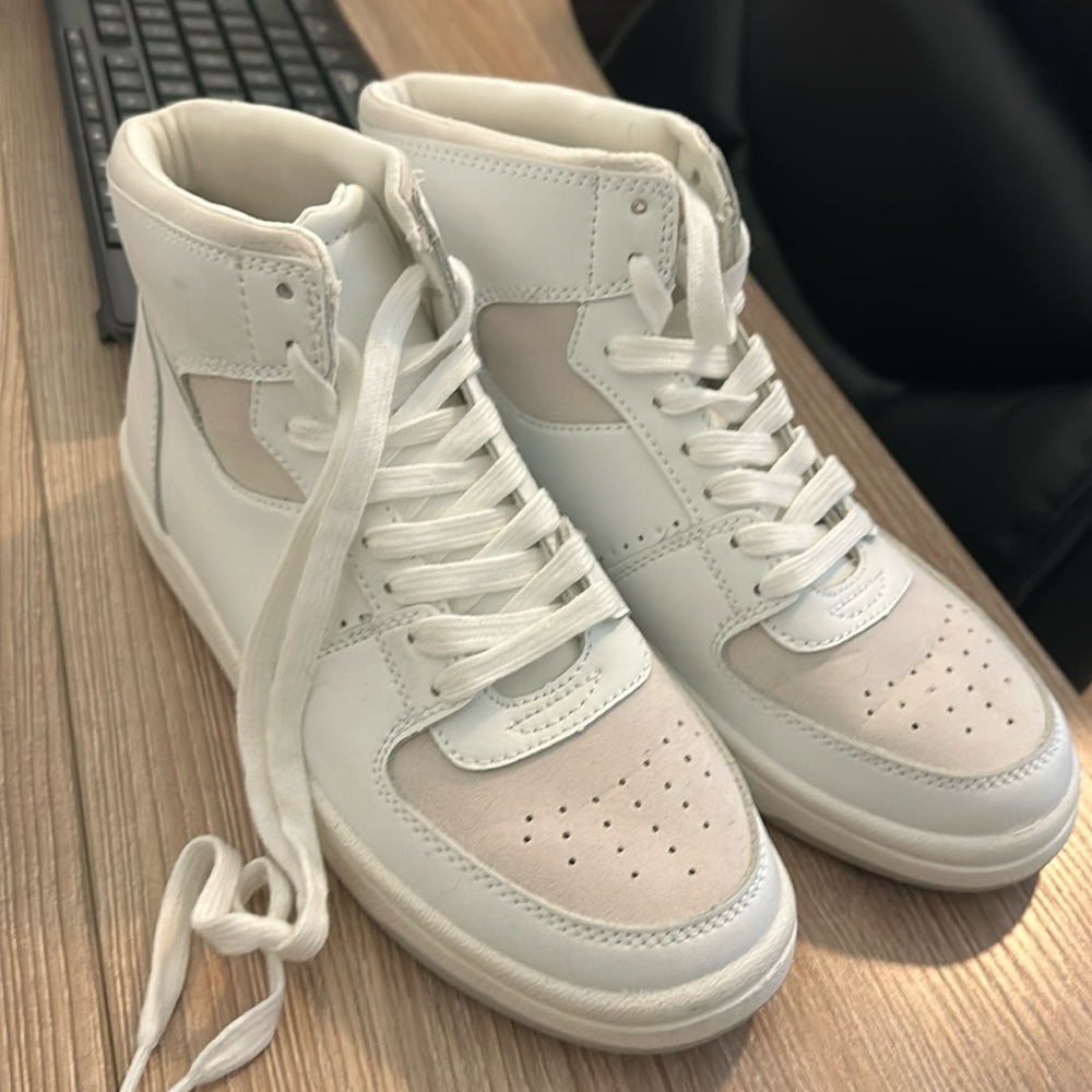 Brand new size 7, high top, white and tan sneakers